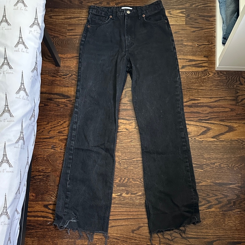 Zara Black Frayed Wide Leg Jeans